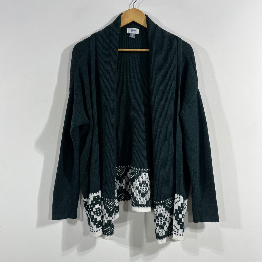 Old Navy Nordic Forest Green Fair Isle Shawl Collar Open Front Cardigan Large